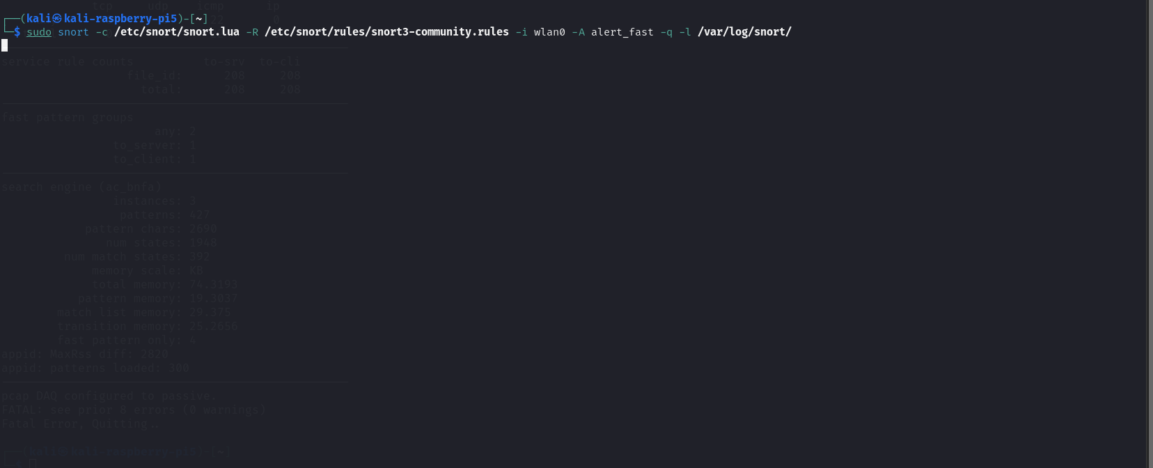 Terminal window showing a Snort IDS command executed on a Raspberry Pi.