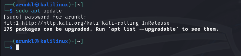 Terminal screen showing a user running 'sudo apt update' on Kali Linux with 175 packages available for upgrade.