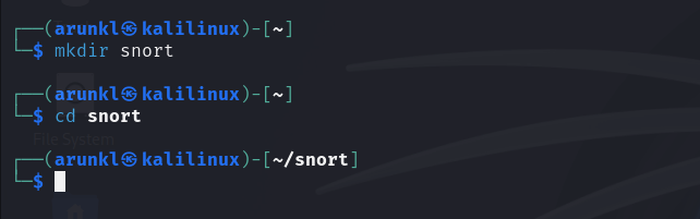 Terminal screenshot of a user creating and entering a directory called 'snort' on Kali Linux.