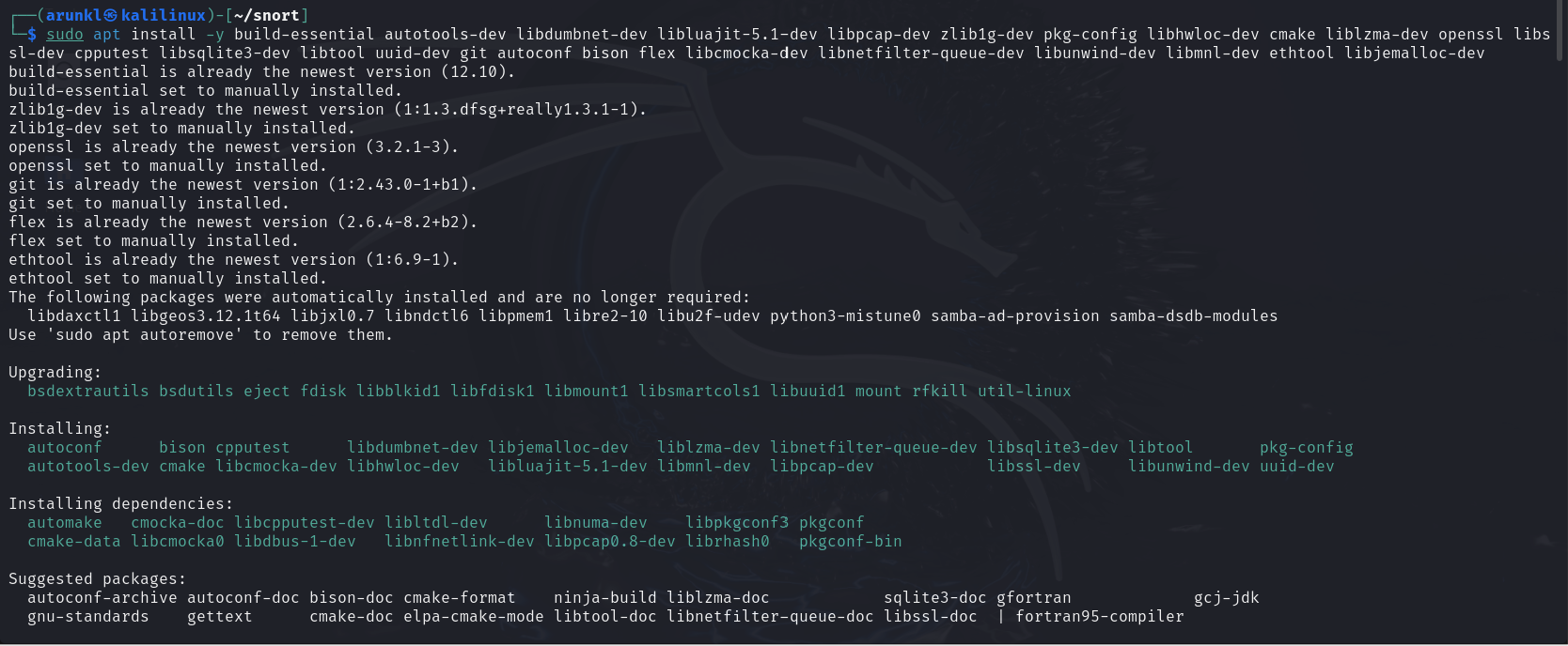 Terminal screen displaying the installation and update of various development tools and libraries on Kali Linux.