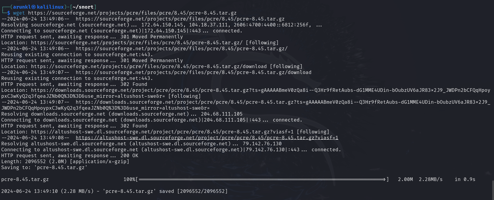 Terminal output showing successful download of PCRE version 8.45 from SourceForge using wget command on Kali Linux.