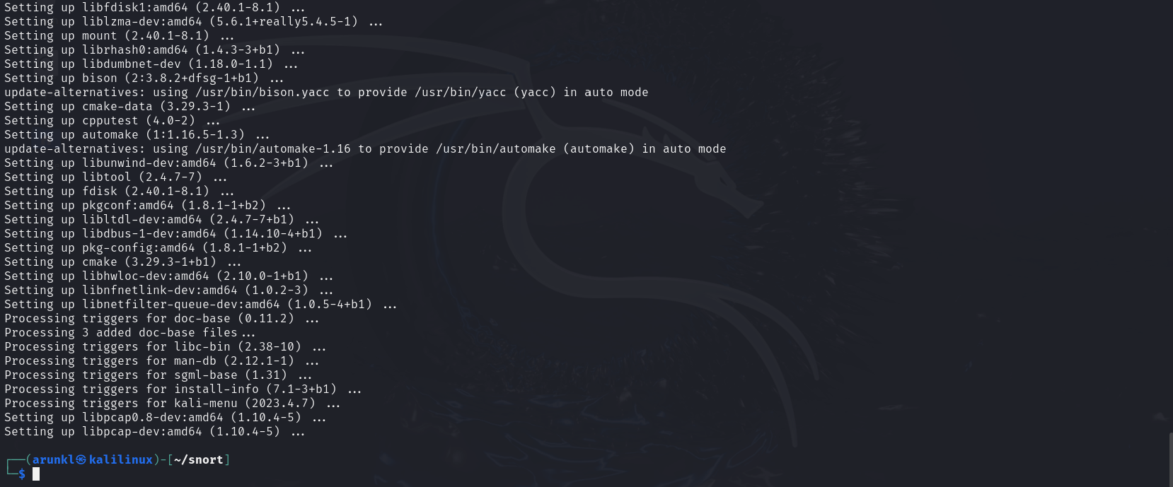 Terminal screen displaying the setup process for various development tools and libraries in a Kali Linux environment.
