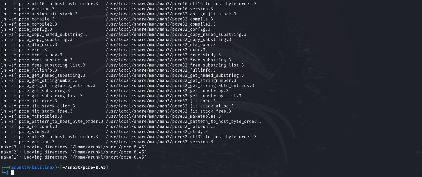 Terminal displaying the creation of symbolic links for PCRE manual pages after installation on Kali Linux.