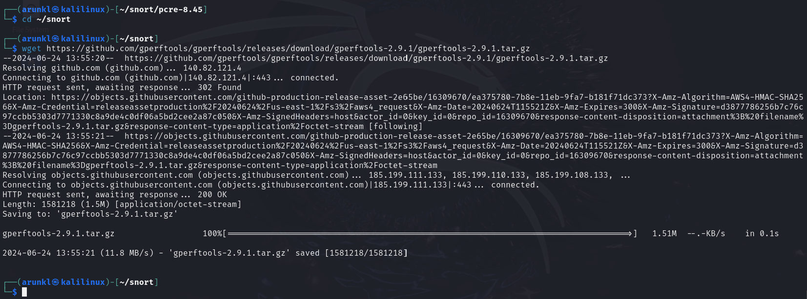 Terminal window showing wget command downloading gperftools-2.9.1.tar.gz from GitHub on a Kali Linux system, with download progress and completion details displayed.