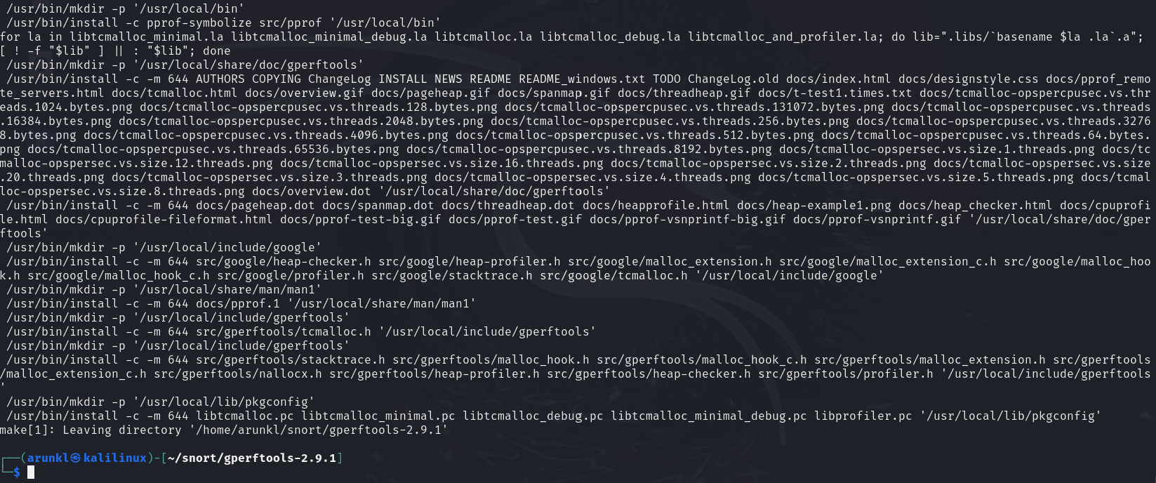 Terminal output showing installation commands and file operations for gperftools 2.9.1 on a Kali Linux system, including creation of directories and copying of various files.