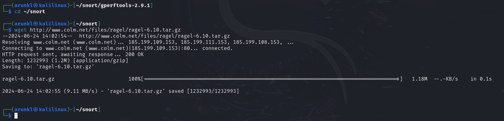 Terminal screen showing the successful download of Ragel 6.10 on Kali Linux using wget command.
