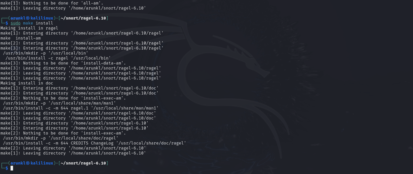 Terminal output displaying the successful installation of Ragel in the snort directory on Kali Linux.