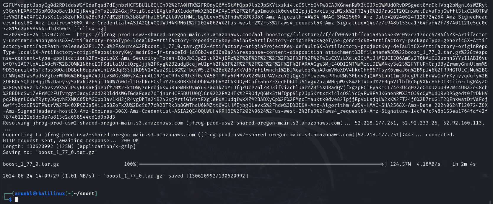 Terminal screenshot showing the download process of Boost 1.77 library from an Amazon S3 bucket via wget on Kali Linux.