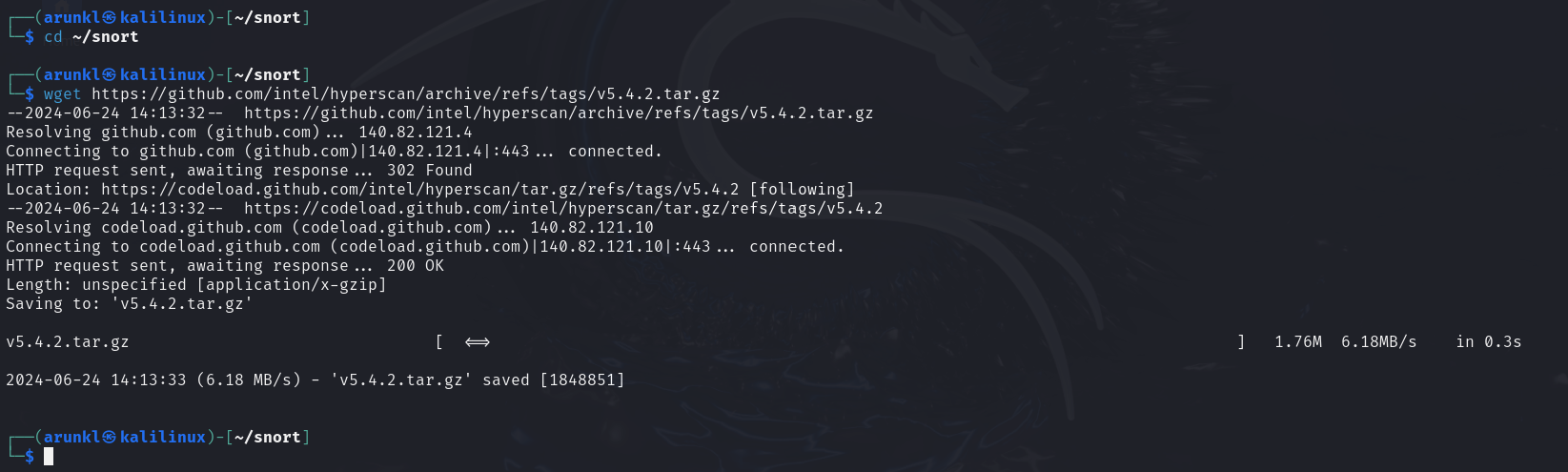Terminal output showing the successful download of Hyperscan version 5.4.2 tar.gz file from GitHub on Kali Linux using wget.