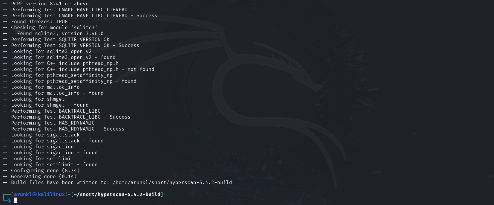 Terminal output showing CMake configuration and dependency checks for building Hyperscan 5.4.2 on a Kali Linux system.