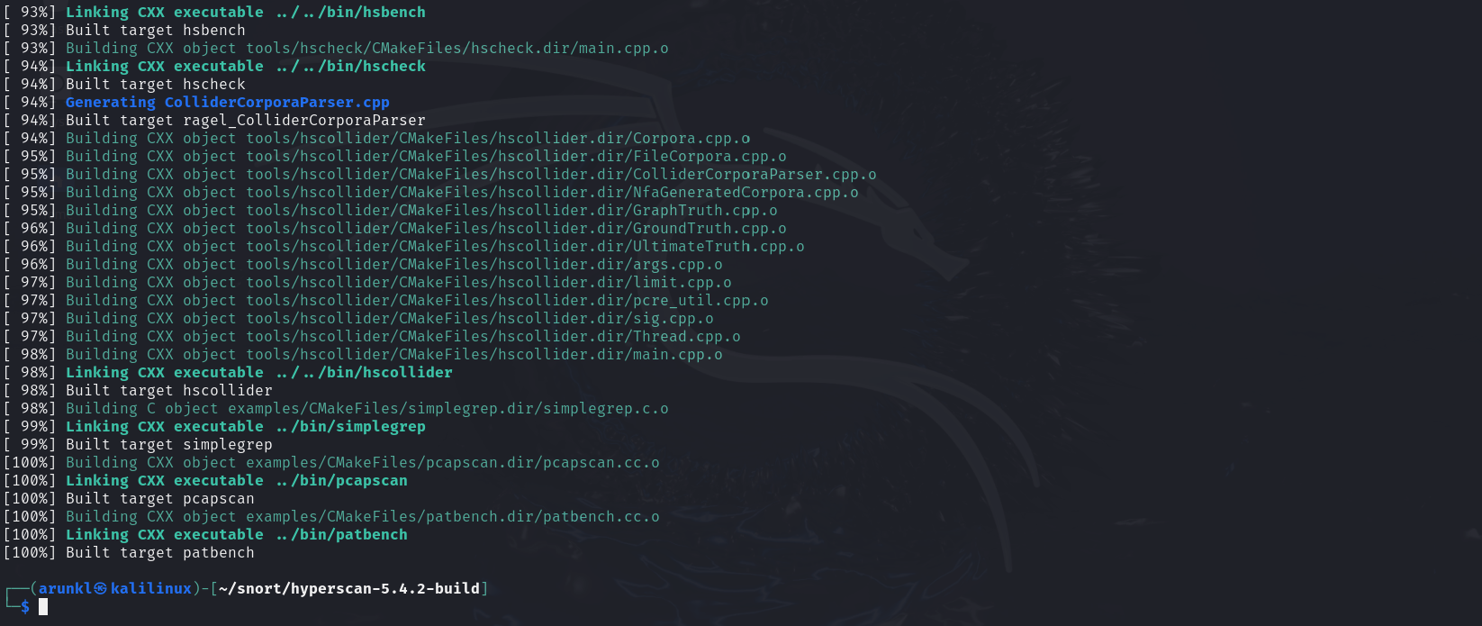Terminal output showing compilation progress of Hyperscan 5.4.2, including building and linking various components and tools.