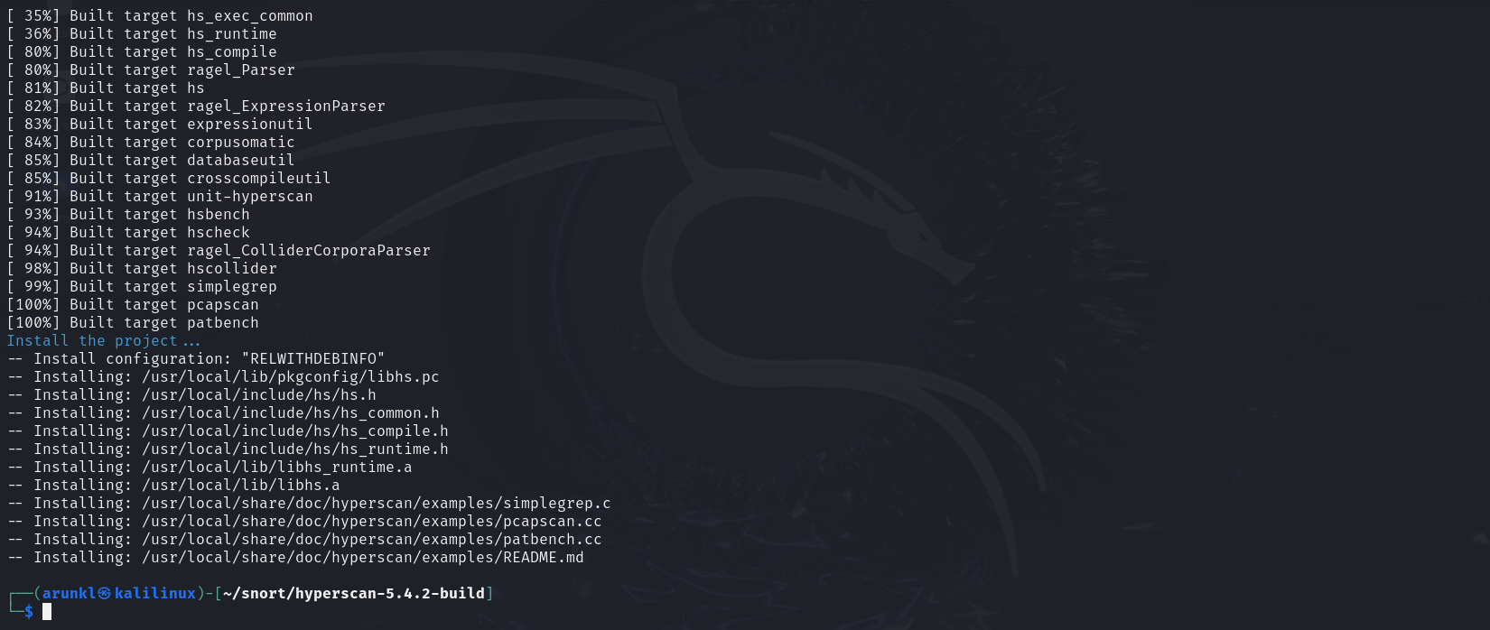 Terminal output showing build and installation progress of Hyperscan 5.4.2, with various targets built and files installed.