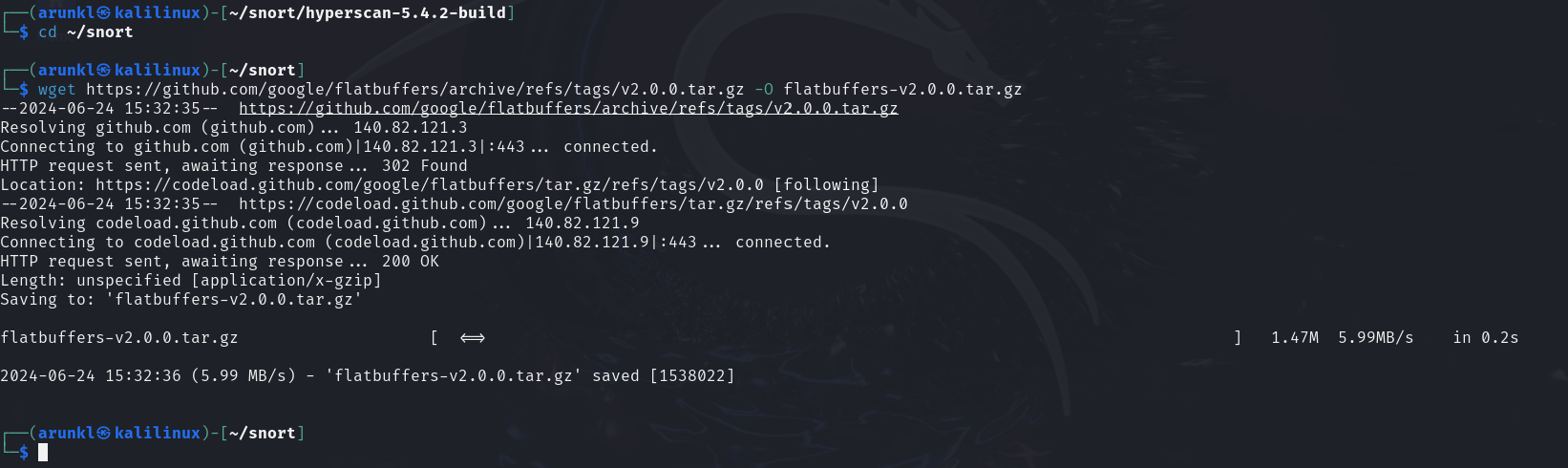 Terminal showing wget command downloading FlatBuffers v2.0.0 from GitHub, with connection and download progress details.
