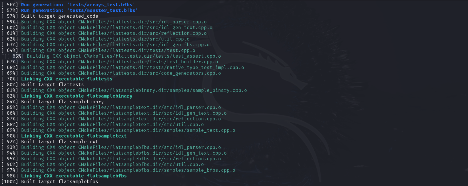 Terminal screen displaying the build process of a software project with various compilation steps and their completion status.