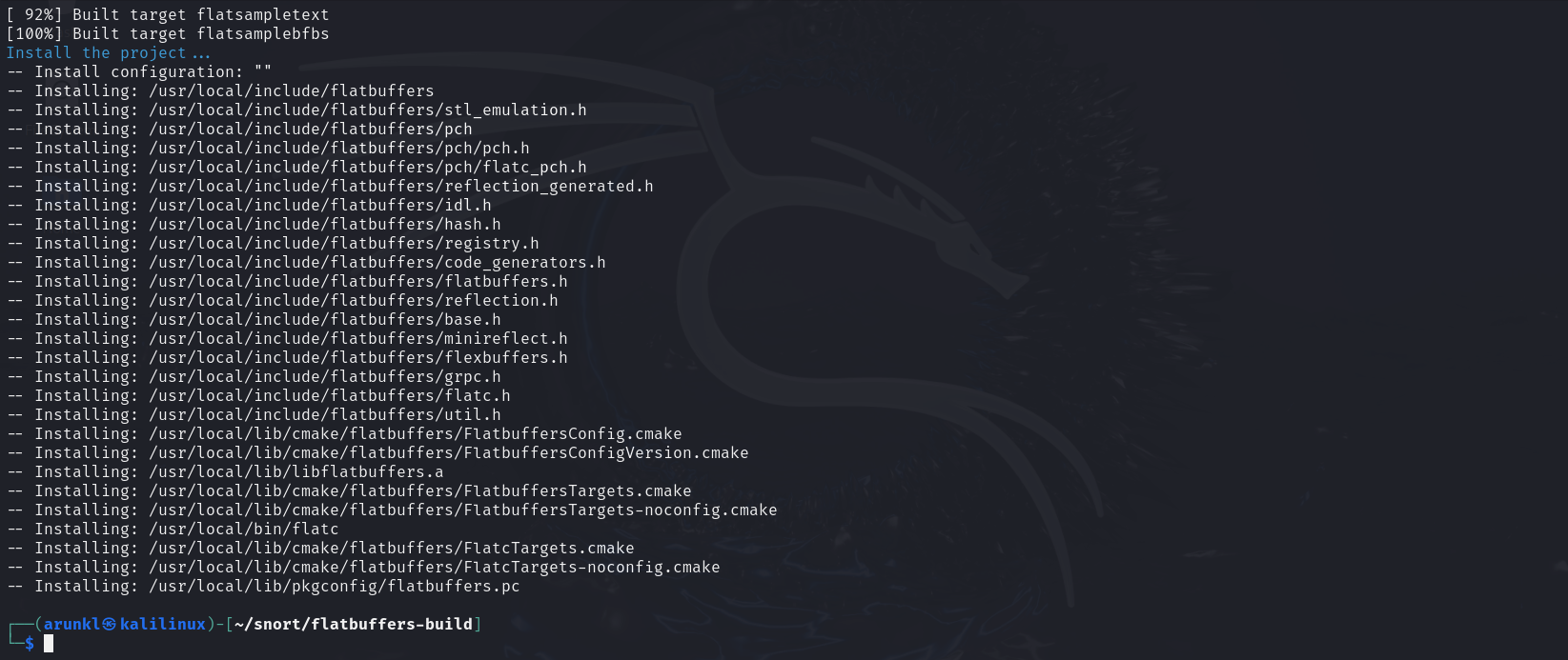 Command line output displaying the installation of various library files and configurations into system directories.