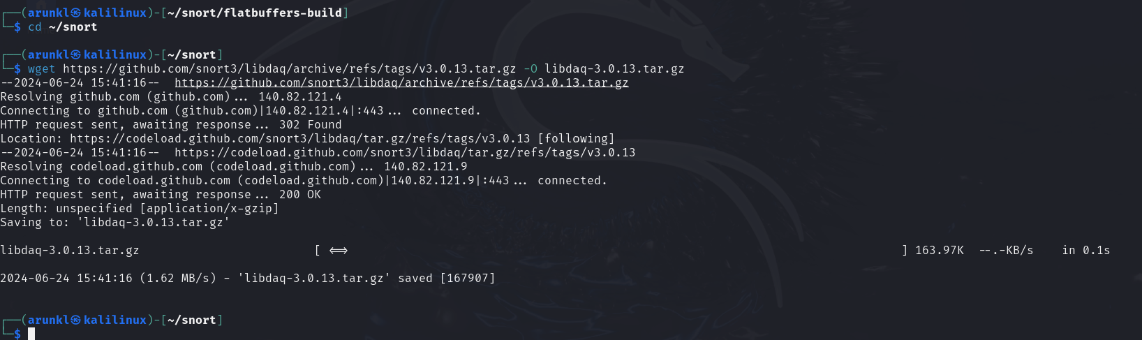Screenshot of a Linux terminal showing the process of downloading a software package from GitHub using the wget command.