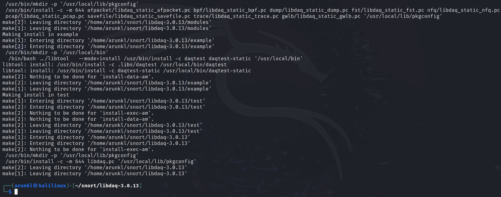 Linux terminal output showing the steps of a 'make install' command for installing software components.