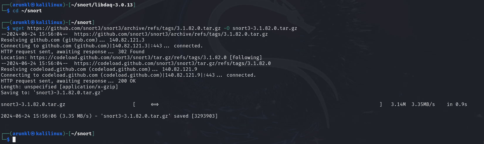 Terminal display of downloading Snort version 3.1.82.0 using wget from GitHub, showing the download speed and file size.