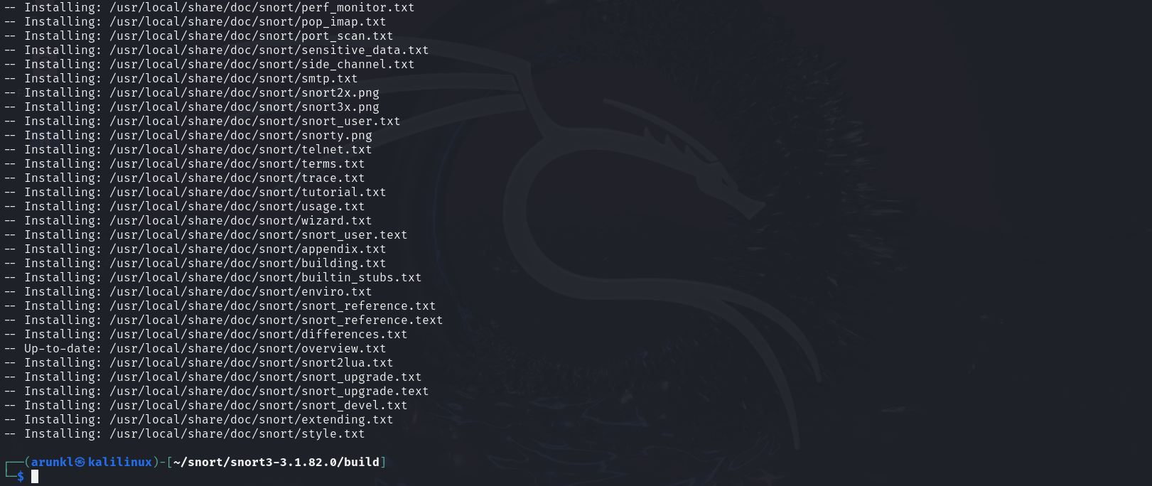 Linux terminal displaying the installation of various Snort documentation files to the /usr/local/share/doc directory.
