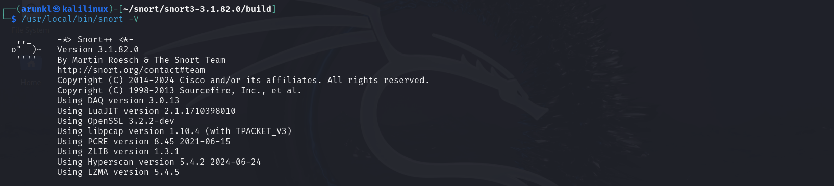 Terminal output showing Snort version 3.1.82.0 and its dependencies, including various libraries and their versions.