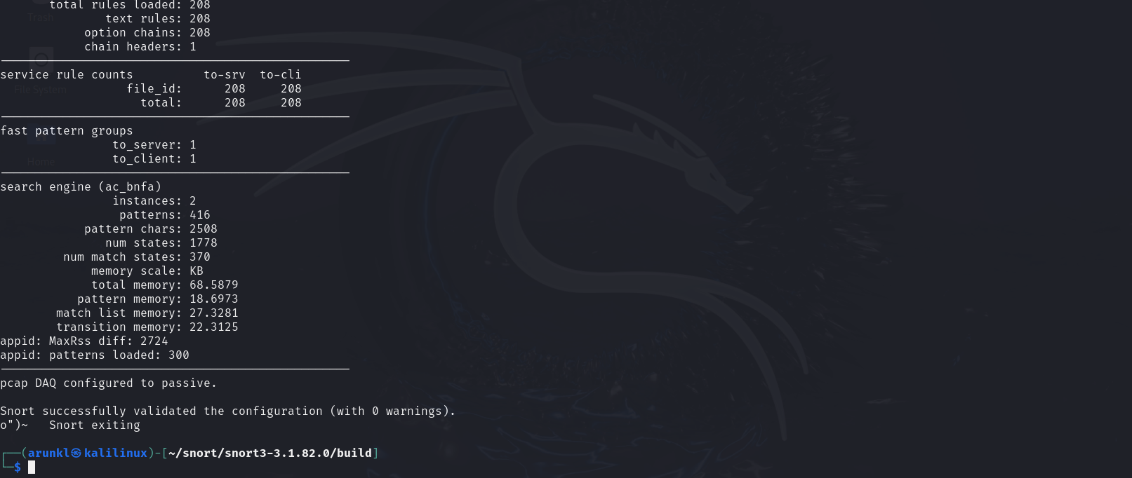 Terminal output showing Snort configuration details, including rule counts, pattern groups, search engine statistics, and successful validation message.