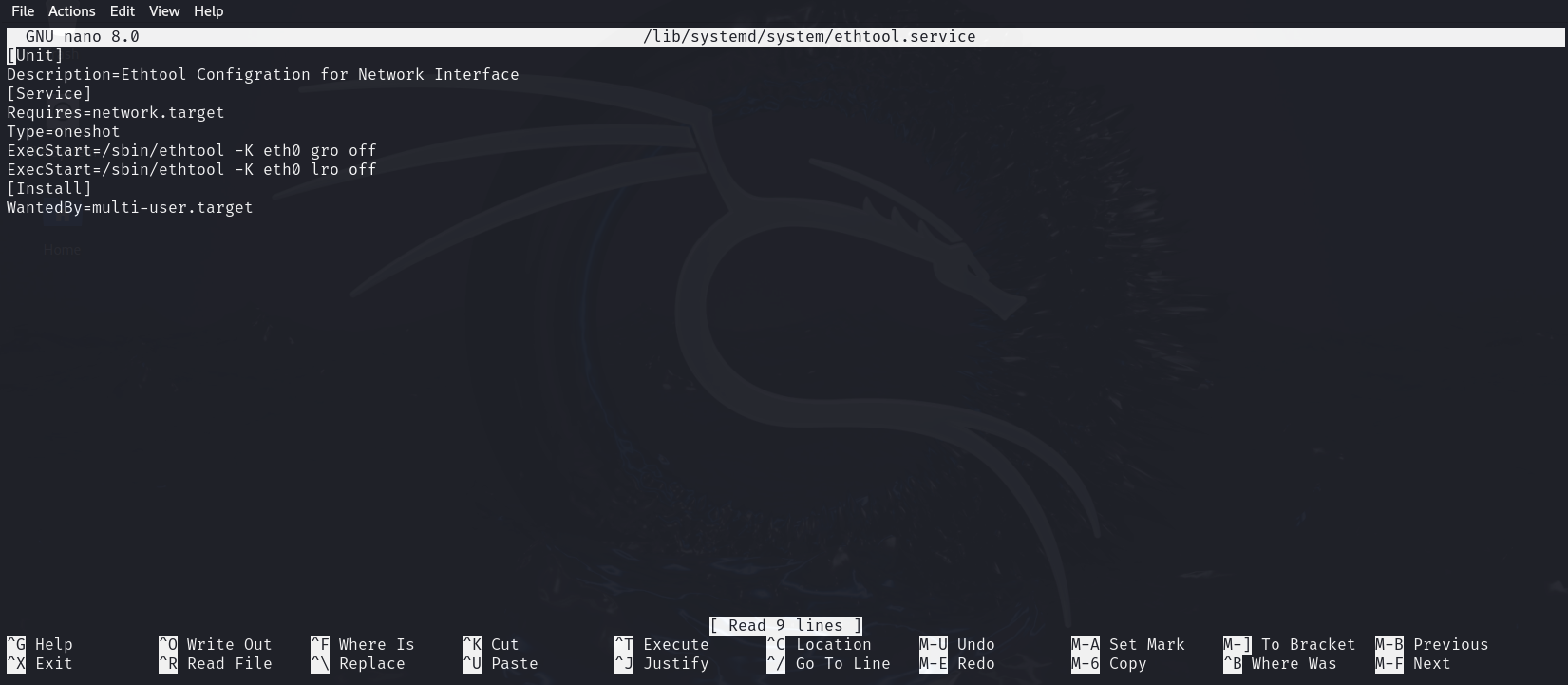 GNU nano editor showing ethtool.service configuration file with network interface settings.