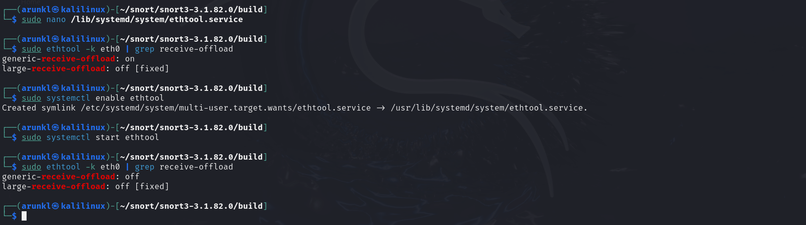Terminal window showing commands to configure, enable, and start ethtool service, with output displaying network interface settings changes.