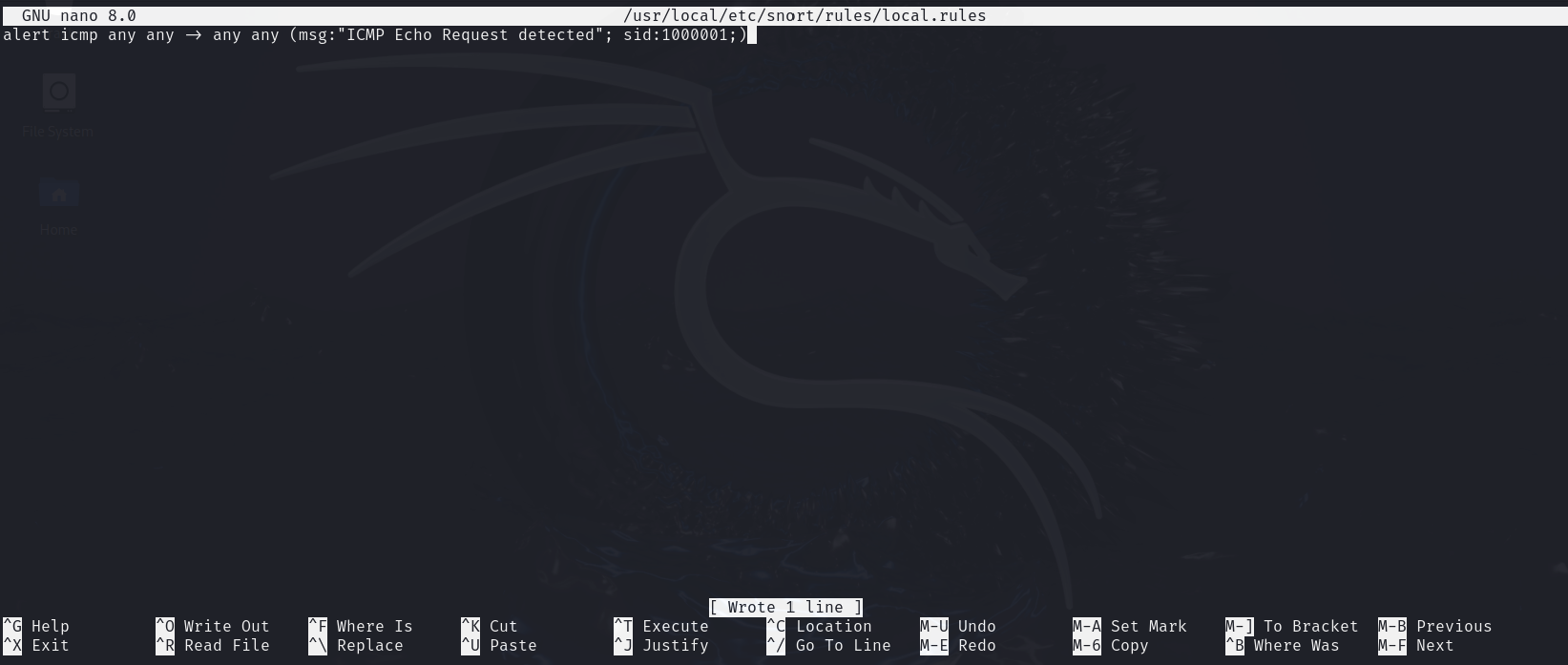GNU nano editor showing a Snort rule file with an ICMP Echo Request detection rule displayed.
