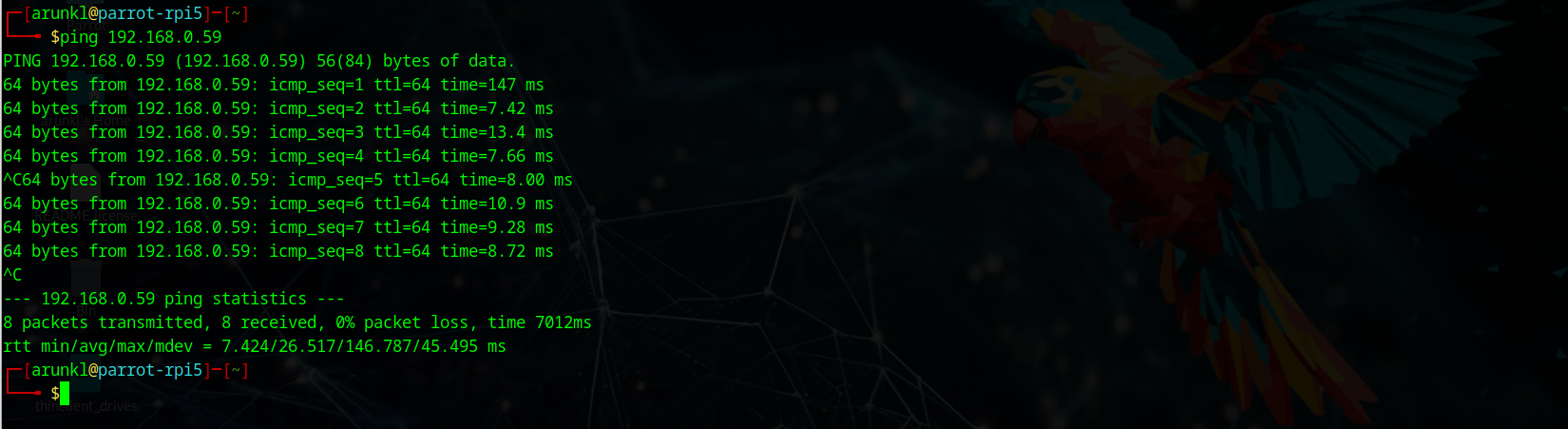 terminal displaying ping command results alongside an ASCII art parrot graphic.