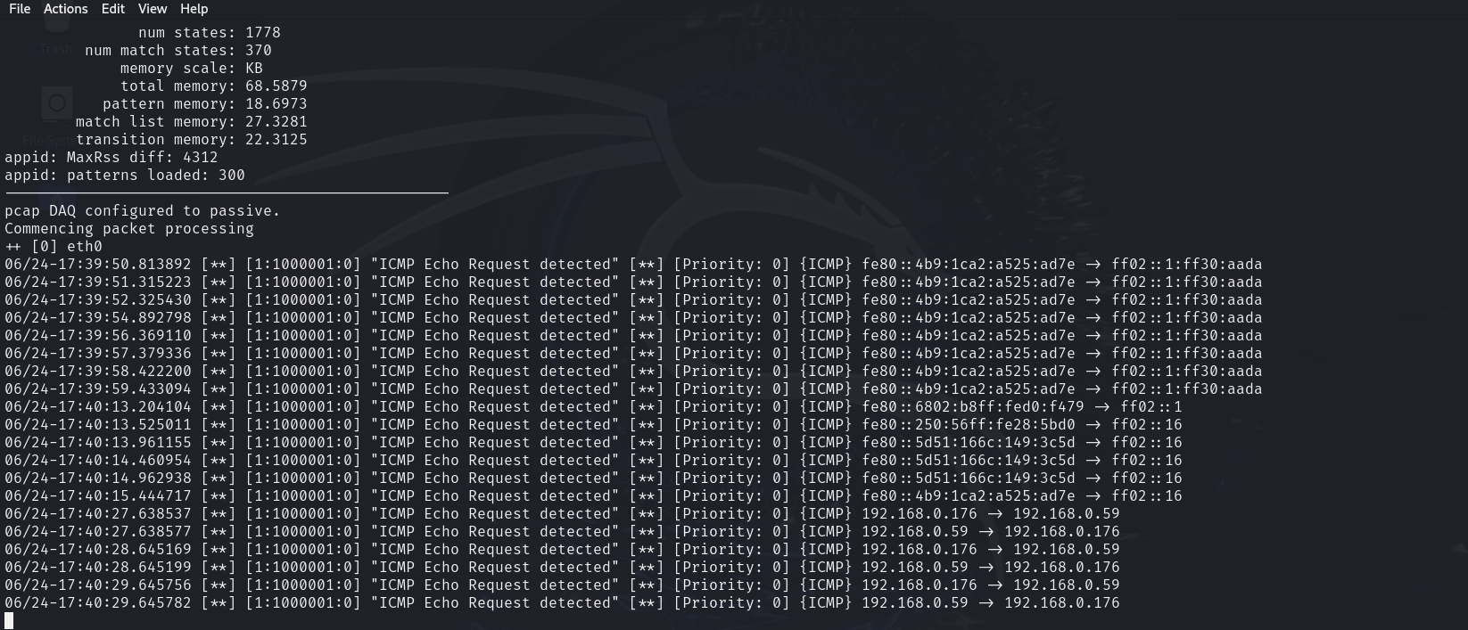 terminal displaying ping command results alongside an ASCII art parrot graphic.