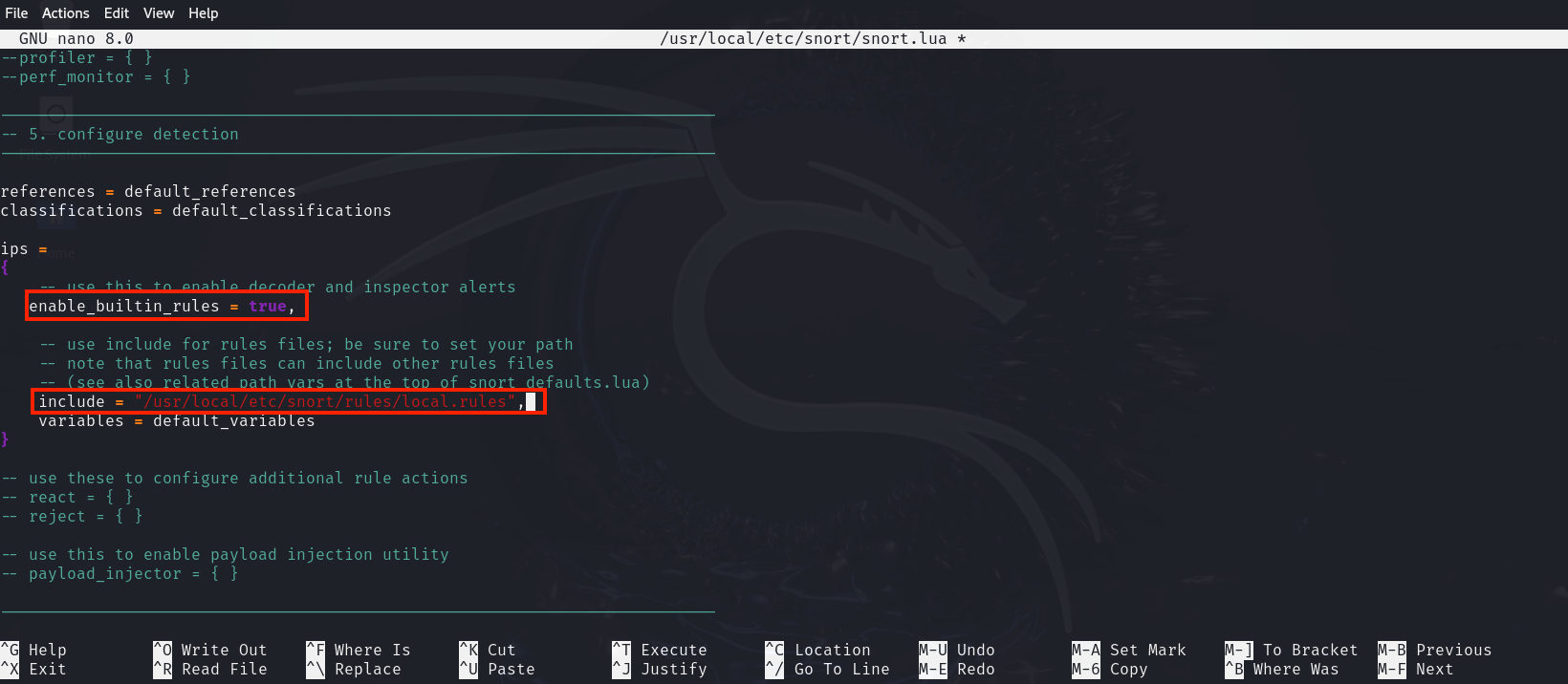 Screenshot of a Snort configuration file in GNU nano editor highlighting settings to enable built-in rules and include additional rule files.