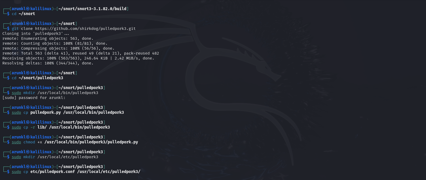 Screenshot displaying terminal commands for cloning, setting up, and installing the PulledPork tool for Snort on a Linux system.