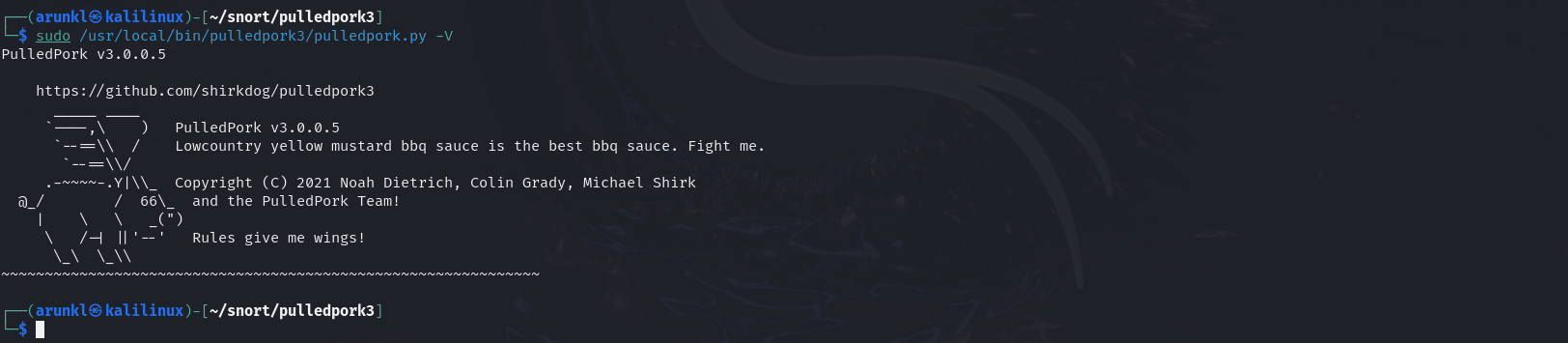 Screenshot showing the execution of the PulledPork tool with version display on a Linux terminal.