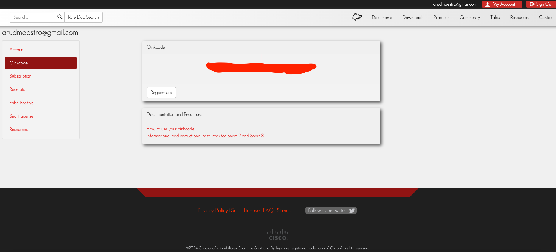 Screenshot of a web interface displaying a user's Oinkcode section for Snort rules management on an account page.