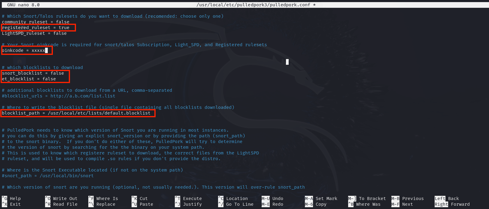 Screenshot of PulledPork configuration file in nano editor, detailing Snort ruleset and blocklist download settings.