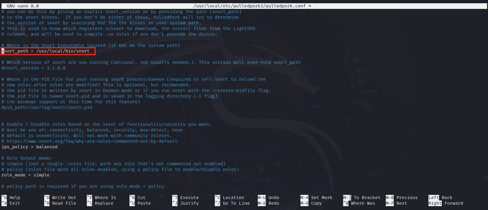 Screenshot showing configuration of the Snort path and version within the PulledPork tool in a nano text editor on Linux.