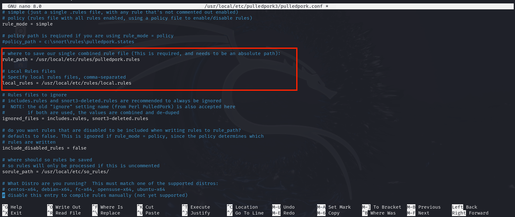 Configuration file for PulledPork shown in GNU nano editor, displaying rule paths and settings.