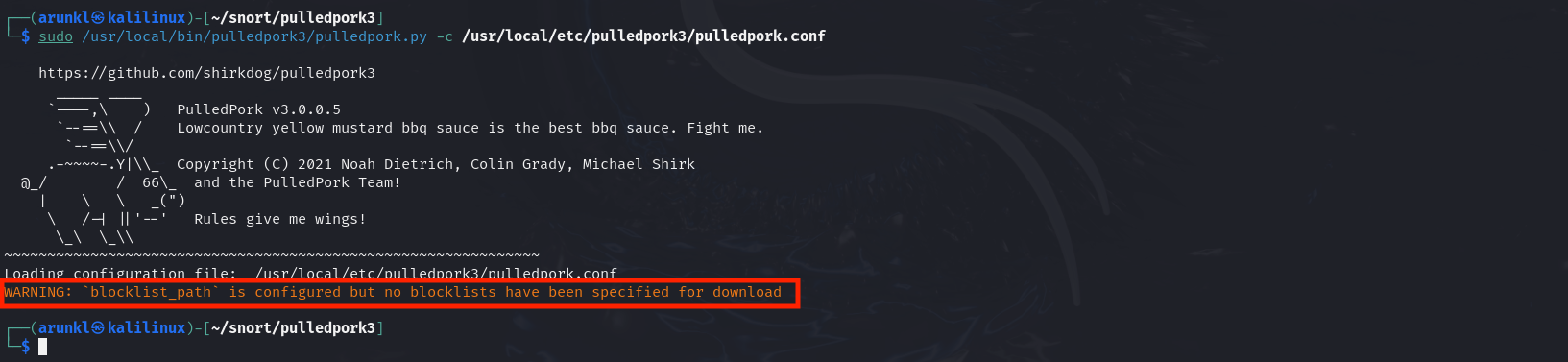 Terminal window showing PulledPork v3.0.0.5 execution with ASCII art logo and a warning about blocklist configuration.