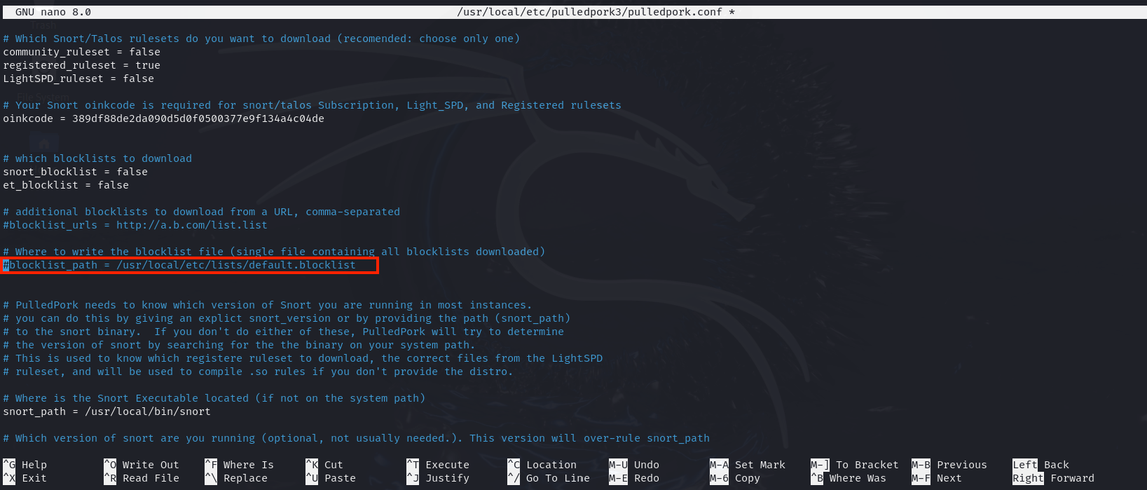 GNU nano editor displaying PulledPork configuration file with Snort/Talos ruleset settings and blocklist options highlighted.