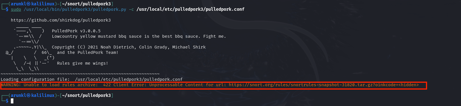 Terminal window showing PulledPork v3.0.0.5 execution with an error message about failing to load rules archive.