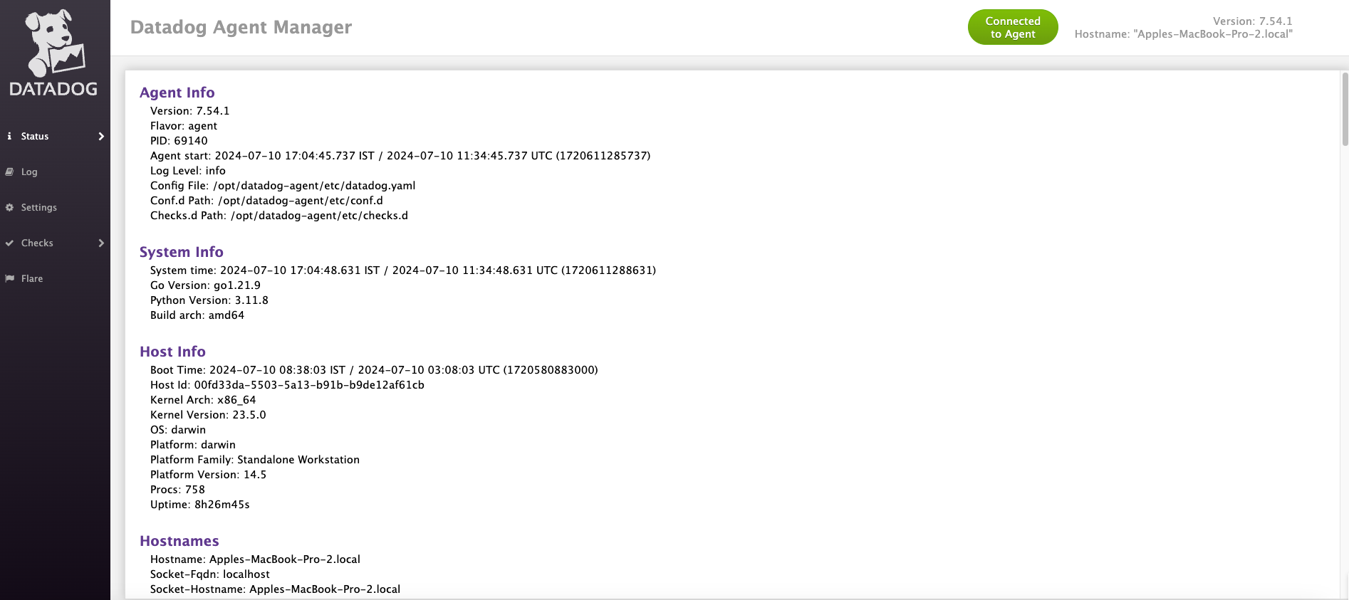 Screenshot of the DataDog Agent Manager interface displaying agent, system, and host information.
