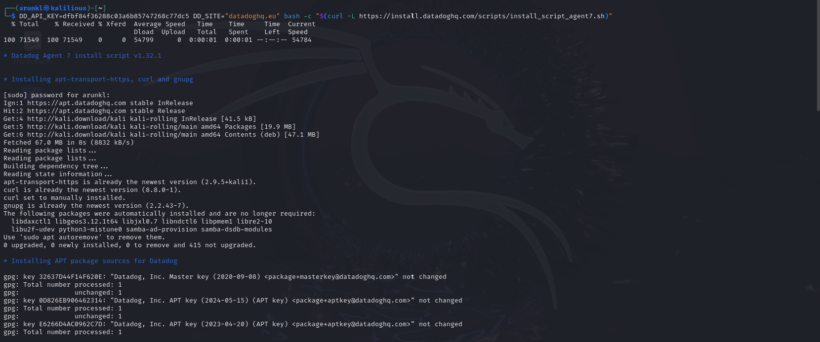 Terminal screen showing the installation process of the DataDog Agent on a Kali Linux system.