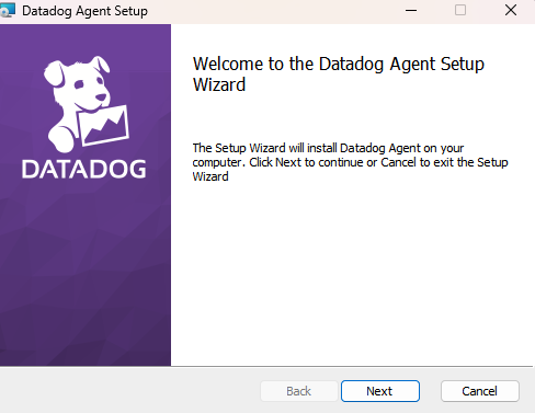 Screenshot of the Datadog Agent Setup Wizard welcome screen on Windows.