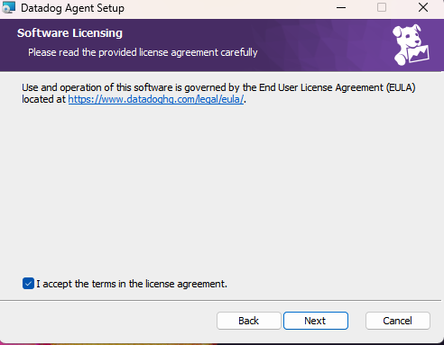 Datadog Agent Setup window displaying the Software Licensing page with an option to accept the EULA.