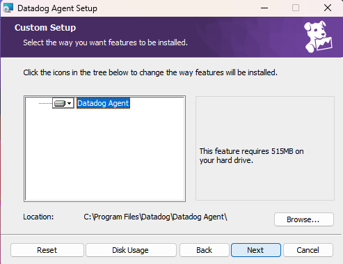 Screenshot of the Datadog Agent Custom Setup screen in the installation wizard on Windows.