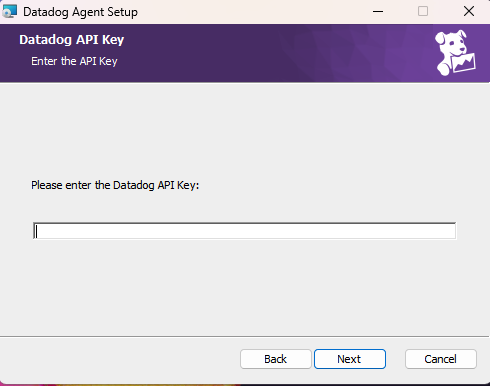 Datadog Agent setup window requesting user to input API key, with a text field and navigation buttons.