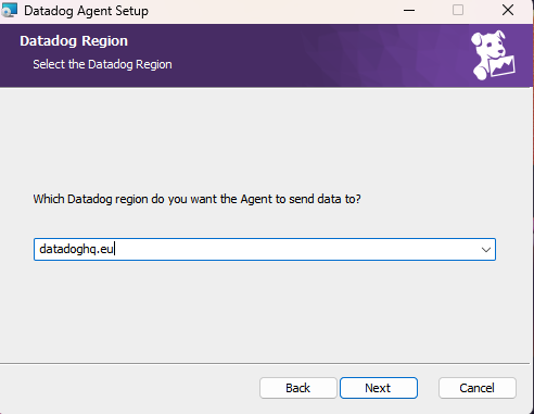 Datadog Agent Setup window asking user to select the region for data transmission, with "datadoghq.eu" pre-selected in a dropdown menu.