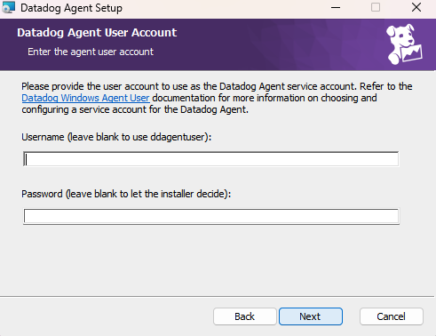 Datadog Agent setup window prompting for user account and password information.
