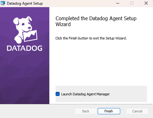 Datadog Agent Setup completion window with Datadog logo, finish button, and option to launch Agent Manager.