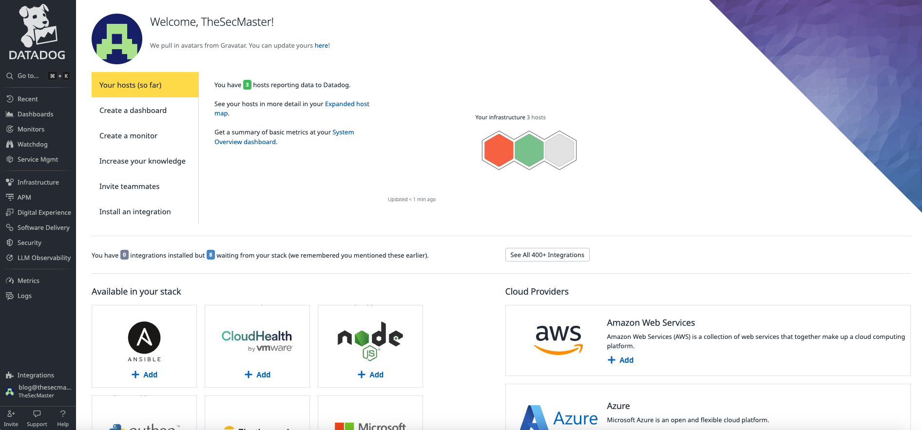 Screenshot of the DataDog user interface displaying integration options, host management, and cloud provider connections.